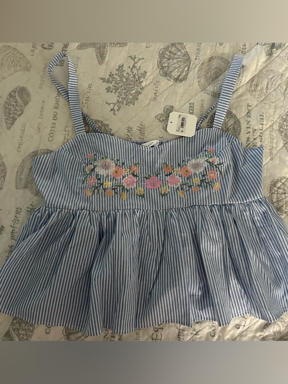 Altar'd State Fern Blue & White Striped Floral Embroidered Crop Top